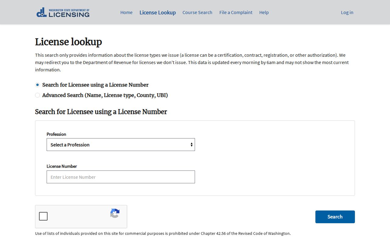 King County people search using Washington professional license lookup