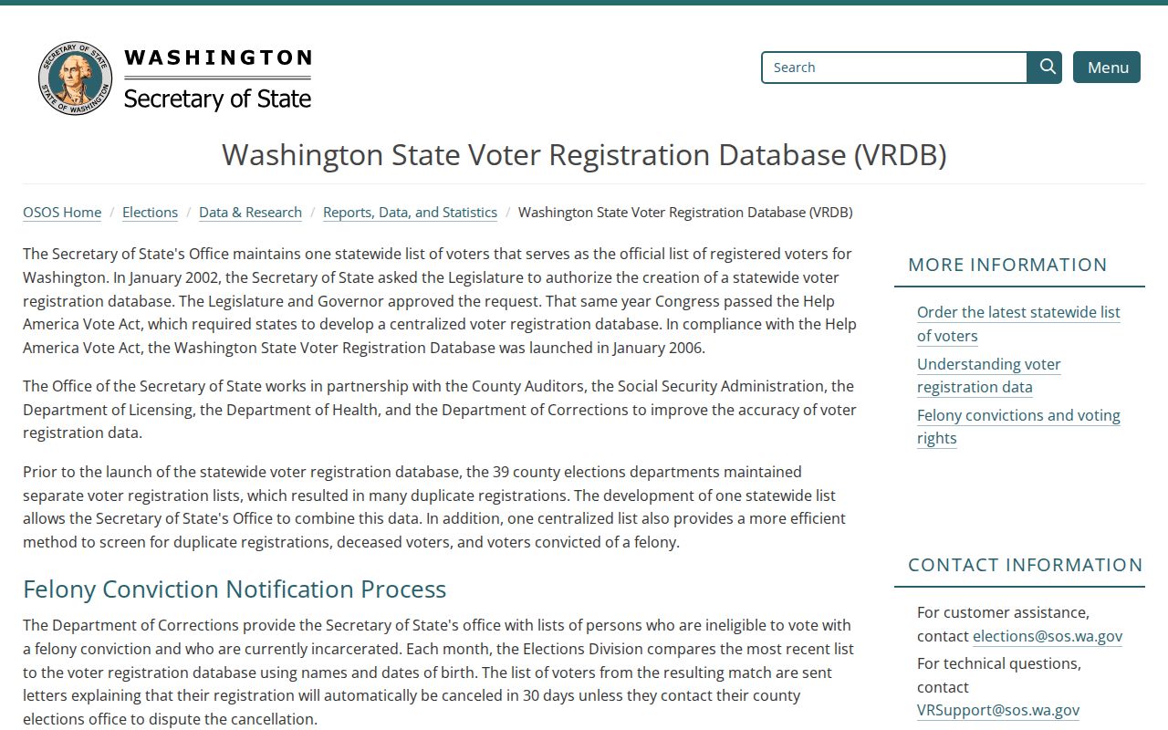 King County voter registration database information from Washington Secretary of State